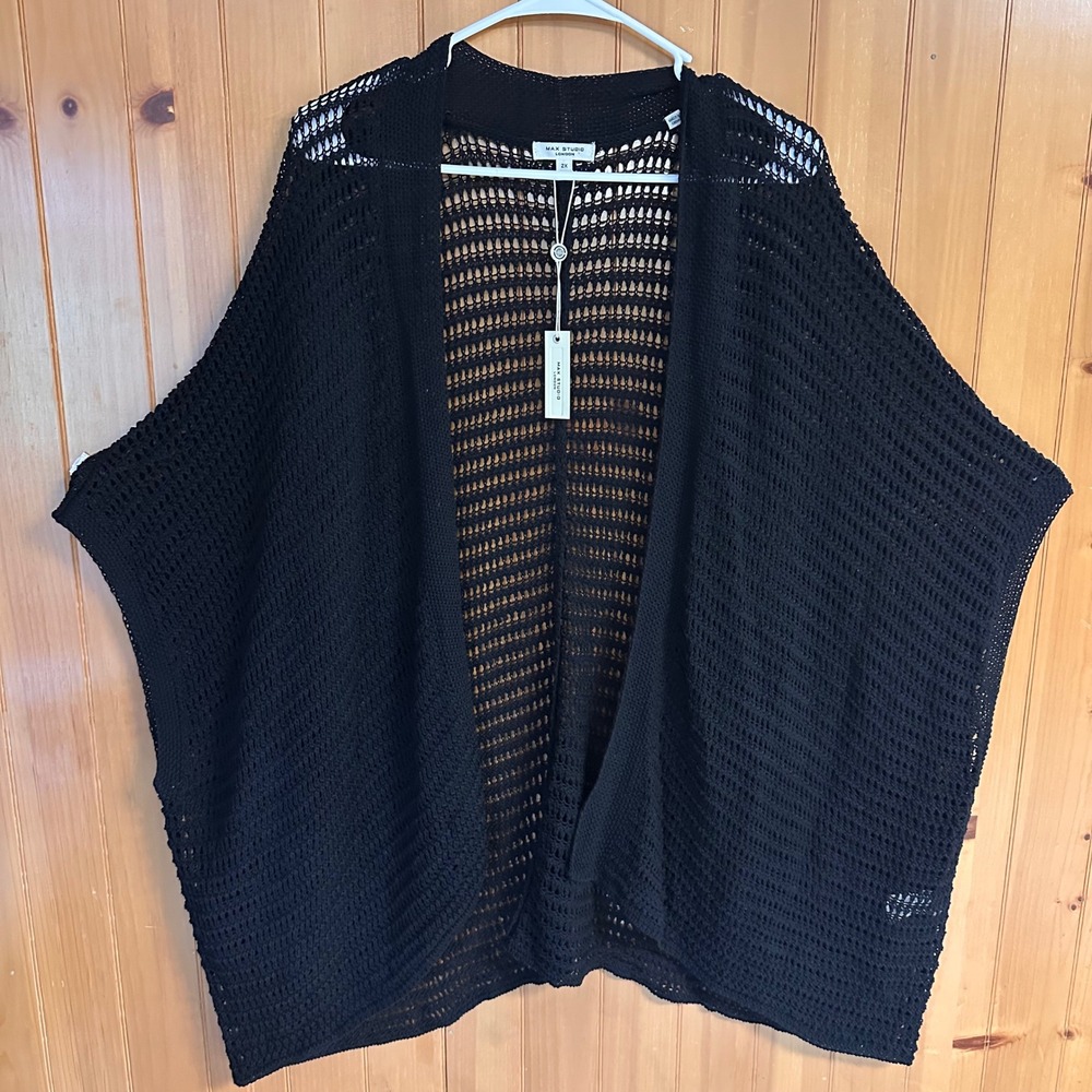 Max Studio London Black Crochet Boho Beachy Open Front Cardigan Plus 2X New